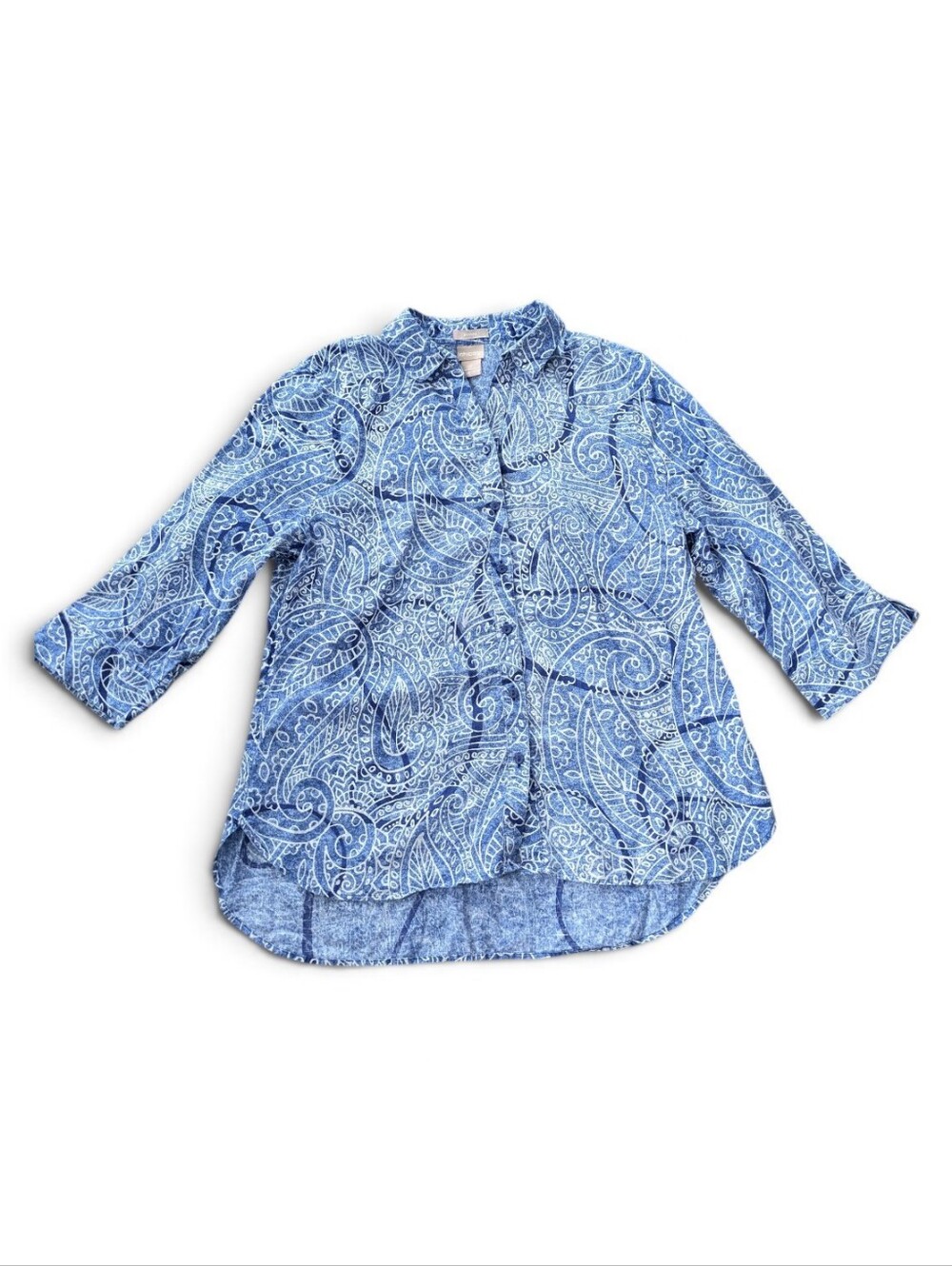 Chico's No Iron Shirt Blue White Paisley Linen Curved Hem Button Up Women's 2